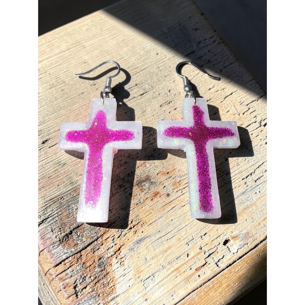 Handmade Pink Ombre Cross Earrings - Picture 5 of 9